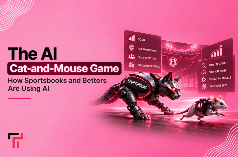 Robotic cat labeled Sportsbooks chasing a small robotic mouse labeled AI on a pink background.